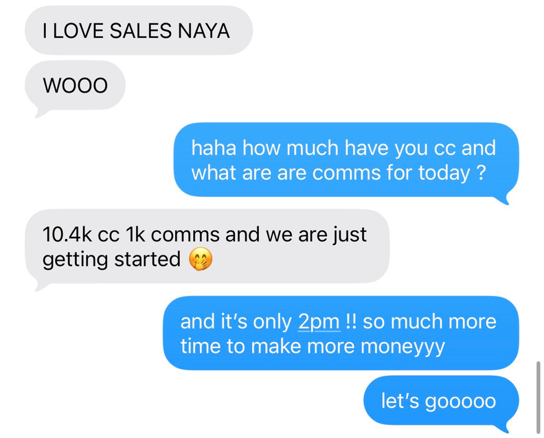 Student texting Naya about $10.4k cash collected in a day