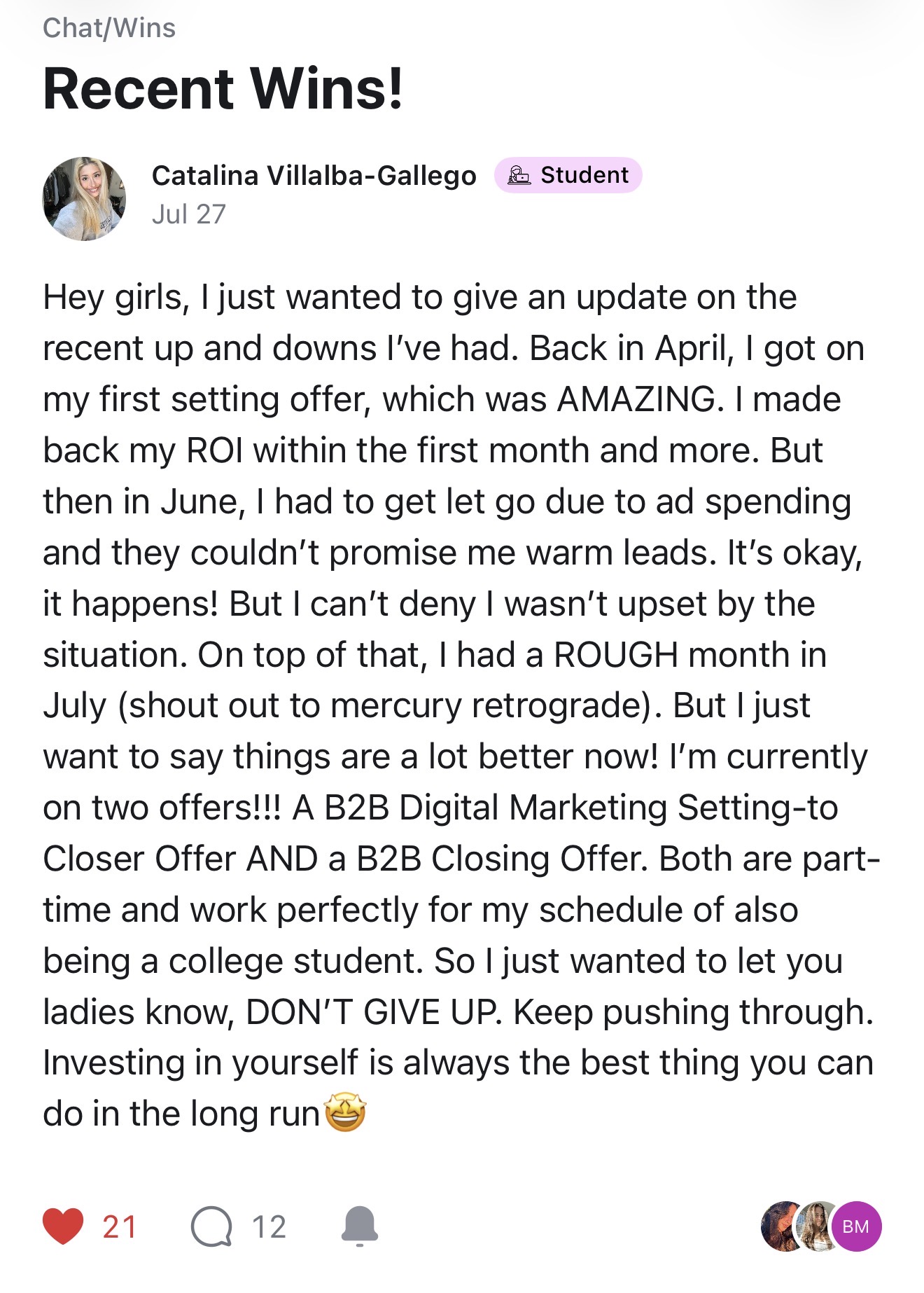 Catalina sharing she is now on two remote sales offers