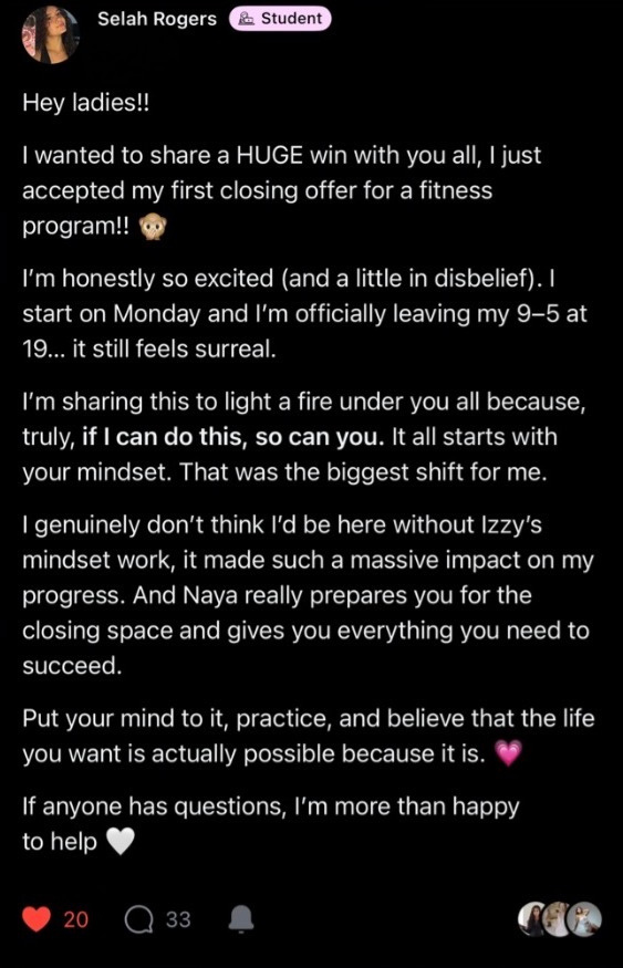 Selah Rogers sharing she accepted her first closing offer
